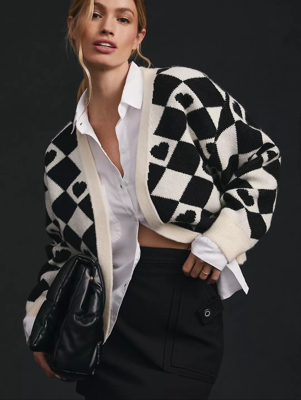 Anthropologie- Maeve- Black & White Heart Argyle Cropped Cardigan Jacket
